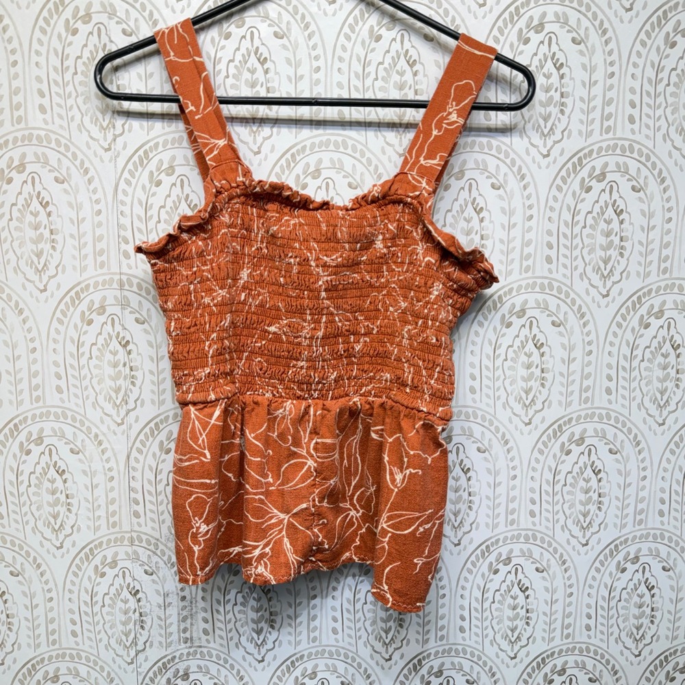 Maurices Smocked Peplum Top Women Large‎ Orange Floral Tank Sleeveless Boho